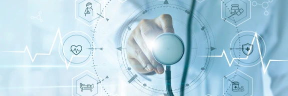 Doctor holding stethoscope with various icons displaying around it in a circle.